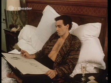 Der Marquis de Venosta lmmelt im Bett und prsentiert Felix seine haarige Brust und eine Zeichnung der schnen Zasa.